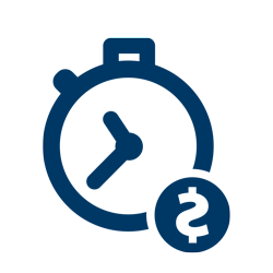 Icon with a blue and white design, showing a clock and dollar sign for cost per credit.